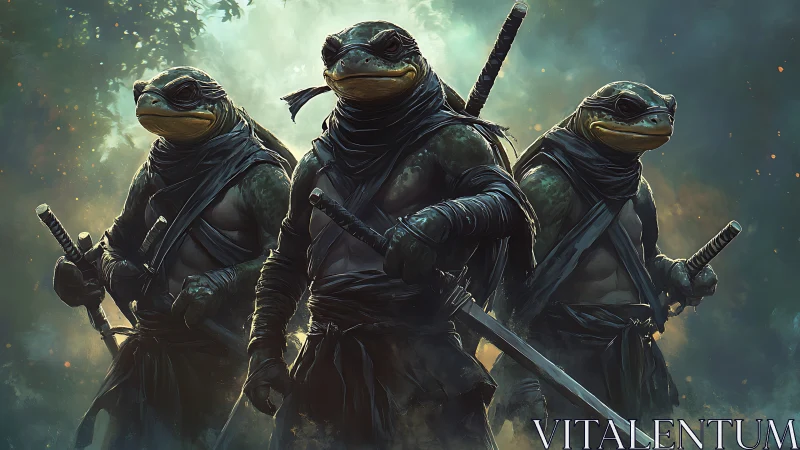 Armored frog ninjas with katanas in misty forest scene.