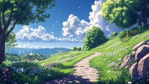 Curved stone path traverses sunlit hillside toward distant lake