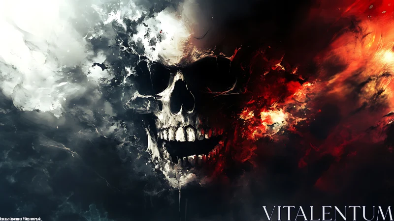 Burning skull divides stormy light and consuming fire