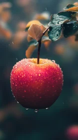 Morning rain jewels rest softly on a single ripe apple