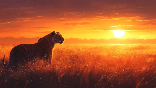 Backlit tiger silhouette in volumetric orange sunset grasslands