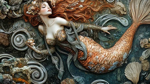 Mermaid with shells and pearls in ornate seafloor scene.