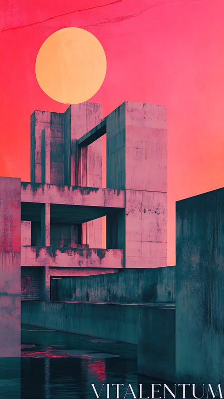 Brutalist concrete complex under oversized neon sun disc