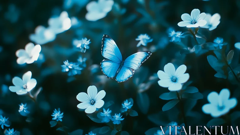 Blue butterfly is centered among softly focused white flowers