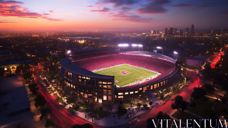 Sunset stadium glow over a city buzzing with game night.