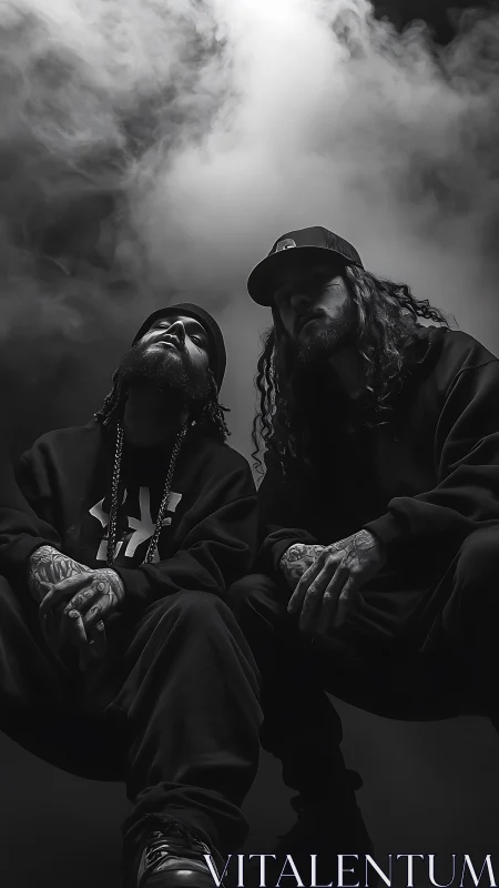 Two hooded figures in low angle studio portrait with smoke.