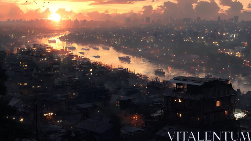 Sunset river cutting through dense shantytown and distant city