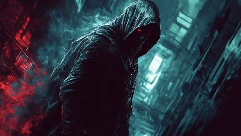 Hooded cyber wraith with red eyes in neon alleyway.
