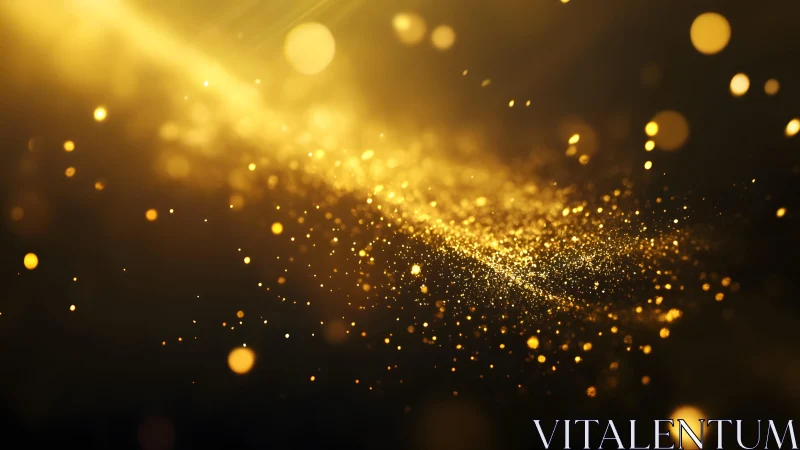 Abstract golden glitter particles swirling in glowing light.