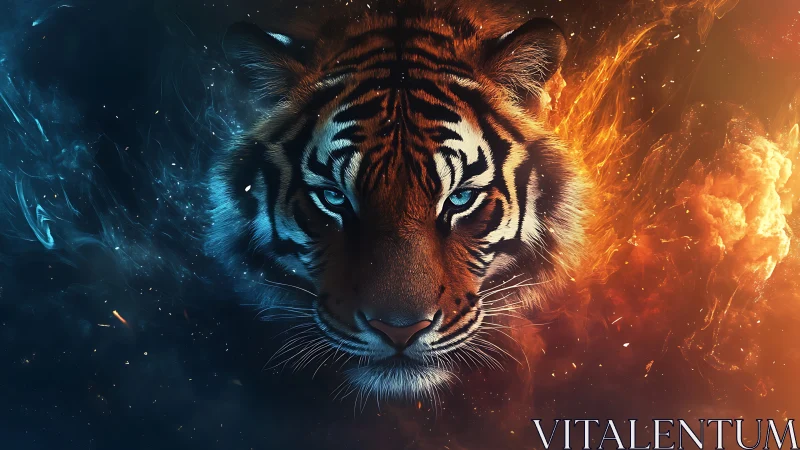 Twin‑element tiger crowned in blue embers and molten flame.