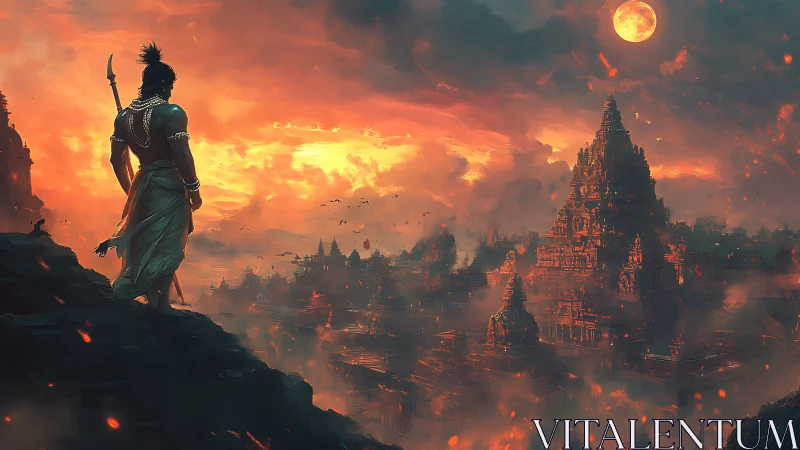 Warrior watches fiery temple city beneath full moon.