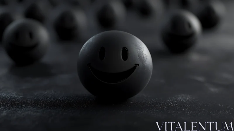 Black spherical smiley face objects on dark textured ground.