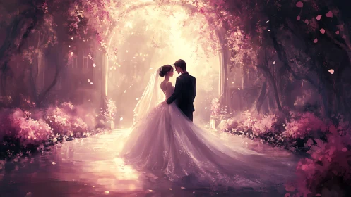 Bride and groom standing in glowing pink garden arch