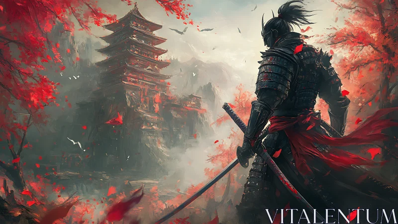 Samurai in crimson leaves before a misty mountain temple.