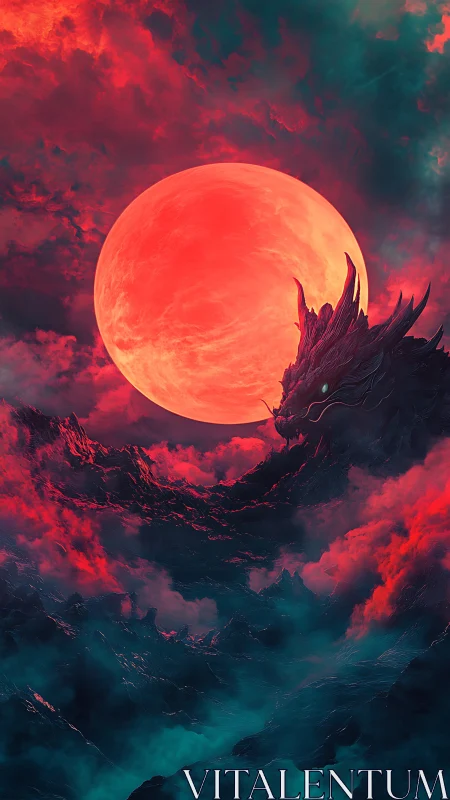 Crimson moon rises calmly above a watchful celestial dragon