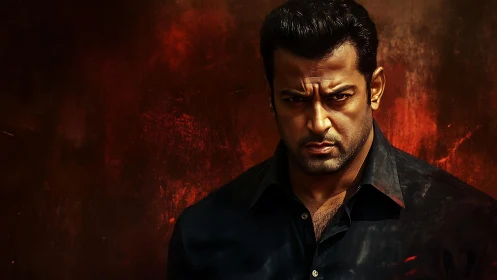 Intense stern man against dark red textured backdrop.