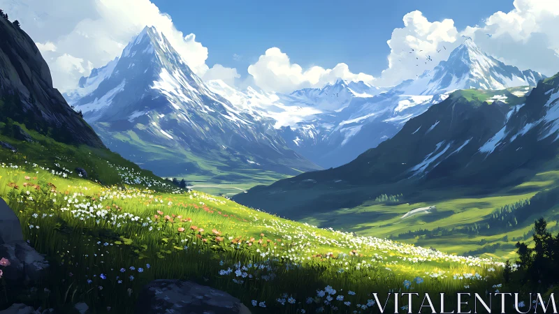 Digital alpine meadow panorama with luminous snow peaks.