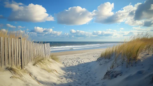 Coastal sand dunes with wooden fence and shoreline view.