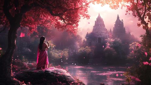Woman in pink sari gazes toward misty temple gardens at dawn