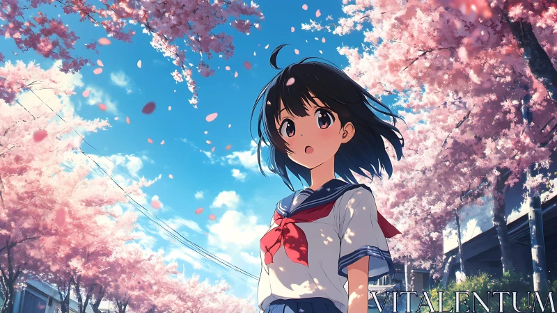 Schoolgirl pauses under drifting cherry blossoms in spring.