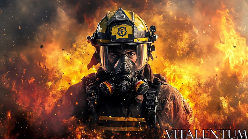 Firefighter in Intense Flames Background Portrait.