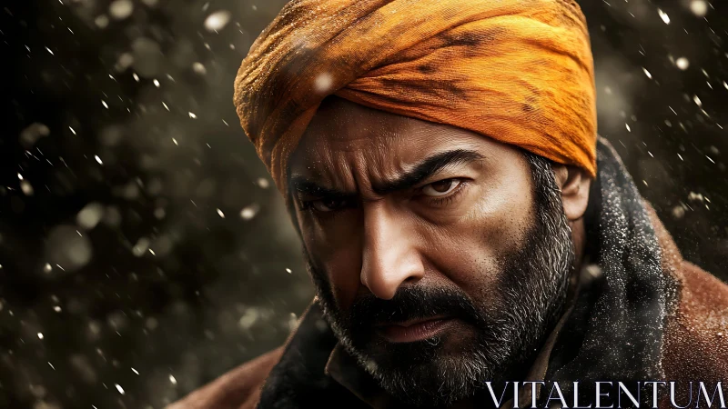 Bearded man in orange turban amid falling snowflakes.