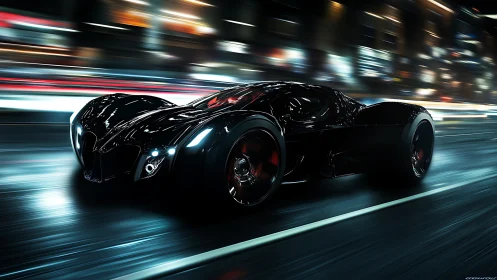 Midnight hypercar carves neon rivers across the wet city