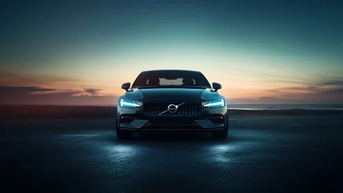 Volvo front-axial LED signature under coastal twilight horizon.