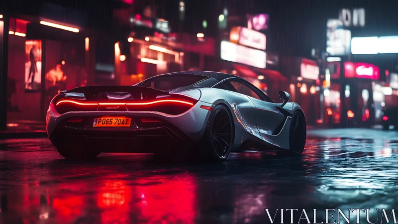 Supercar parked on neon city street in rain at night.