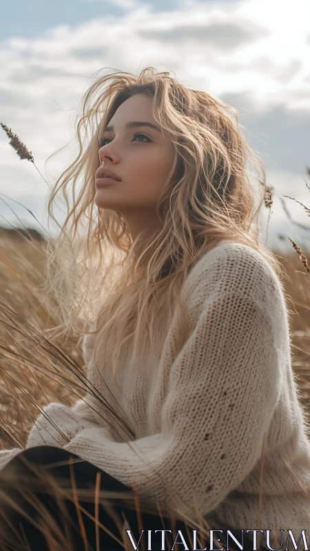 Woman gazes through sunlit field in soft autumn light.