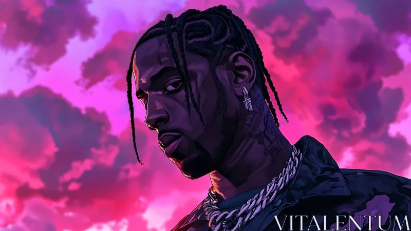 Digital portrait of rapper under vivid pink storm sky.