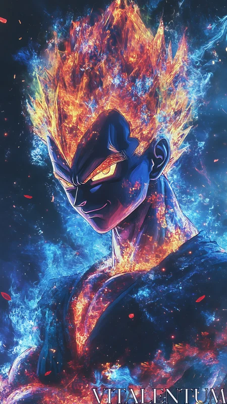 Flaming anime warrior radiates cosmic fire and power.