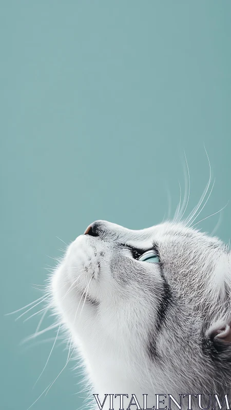 White cat gazing upward against turquoise studio backdrop.