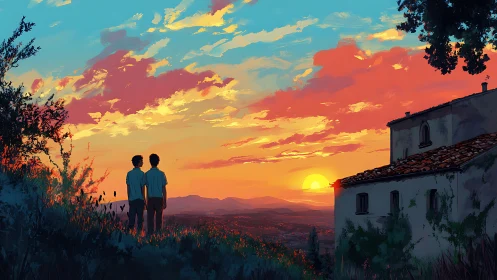 Two figures observe sunset over hills beside rural house