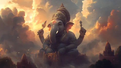 Colossal seated Ganesha deity amid luminous storm clouds