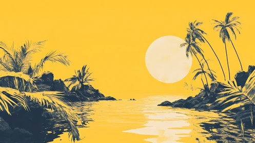 Tropical coastal landscape rendered in monochromatic yellow palette