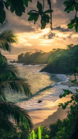 Golden sunset embracing a quiet tropical cove by the sea.