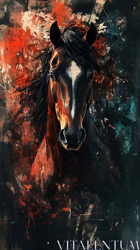 Fiery stallion portrait amid abstract splashed dusk tones.