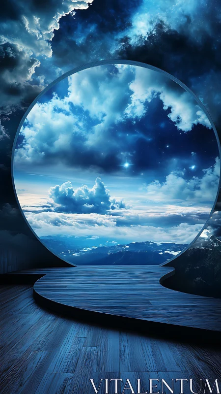 Circular opening framing layered sky and mountain vista.