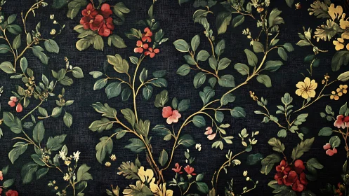 Vintage dark floral wallpaper with winding green foliage.