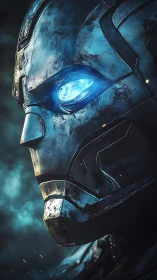 Weathered combat exosuit helm with luminescent ocular core.