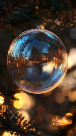 Wintry forest trapped in a glowing glass ornament sphere.