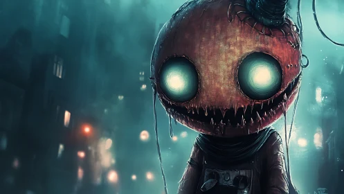 Mechanical doll figure in foggy urban night environment.