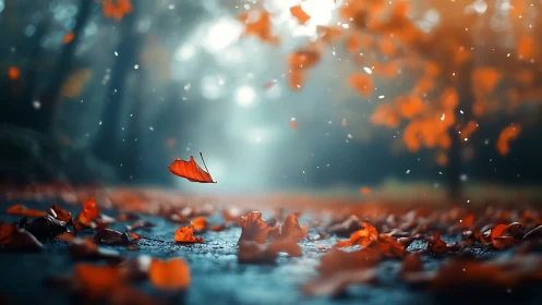 Fallen autumn leaf drifts above wet forest path at dawn