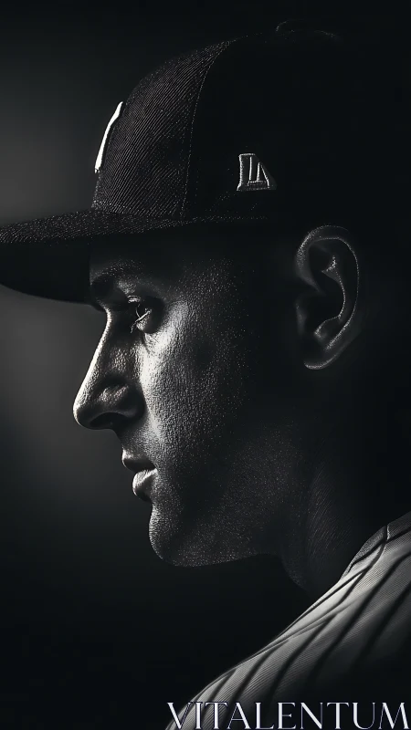Monochrome side-profile study of focused baseball player portrait.