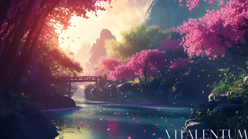 Sunlit river valley with cherry blossoms and bridge.