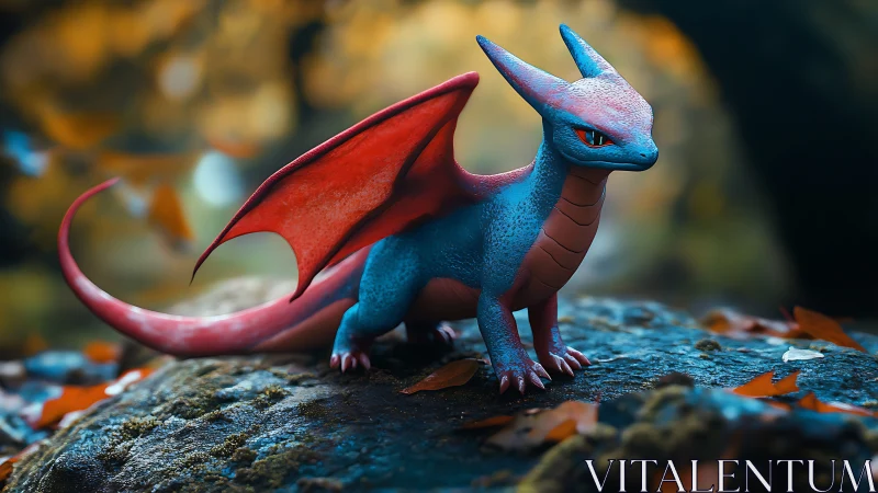 Tiny sapphire dragonling guards a mossy forest stone.