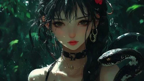 Mystical jungle girl meets serpent in emerald shadows.