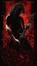 Silhouetted metal guitarist rendered in high-contrast red ink linework