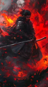 Armored swordsman emerges through turbulent red-black inferno